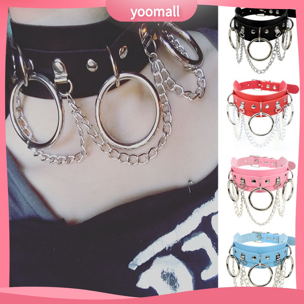 YOML_Punk Women Ring Chain Tassel Faux Leather Collar Short Necklace Club Jewelry