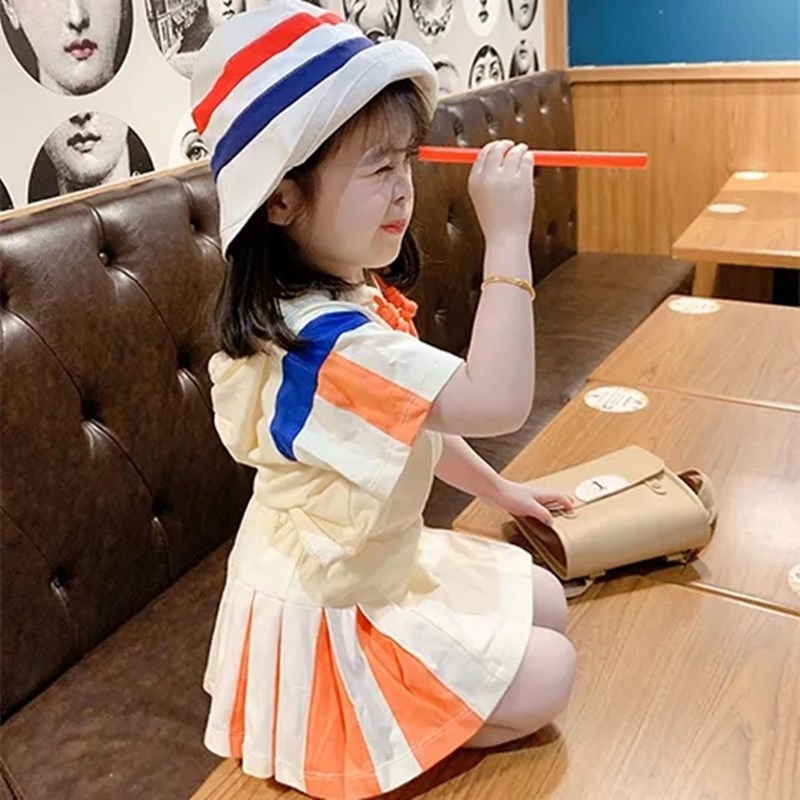 Set Đồ Thể Thao Mùa Hè 2022 Gồm Áo Hoodie Tay Cộc + Chân Váy Ngắn Thông Minh Phong Cách Preppy Hàn Quốc Cho Bé Gái