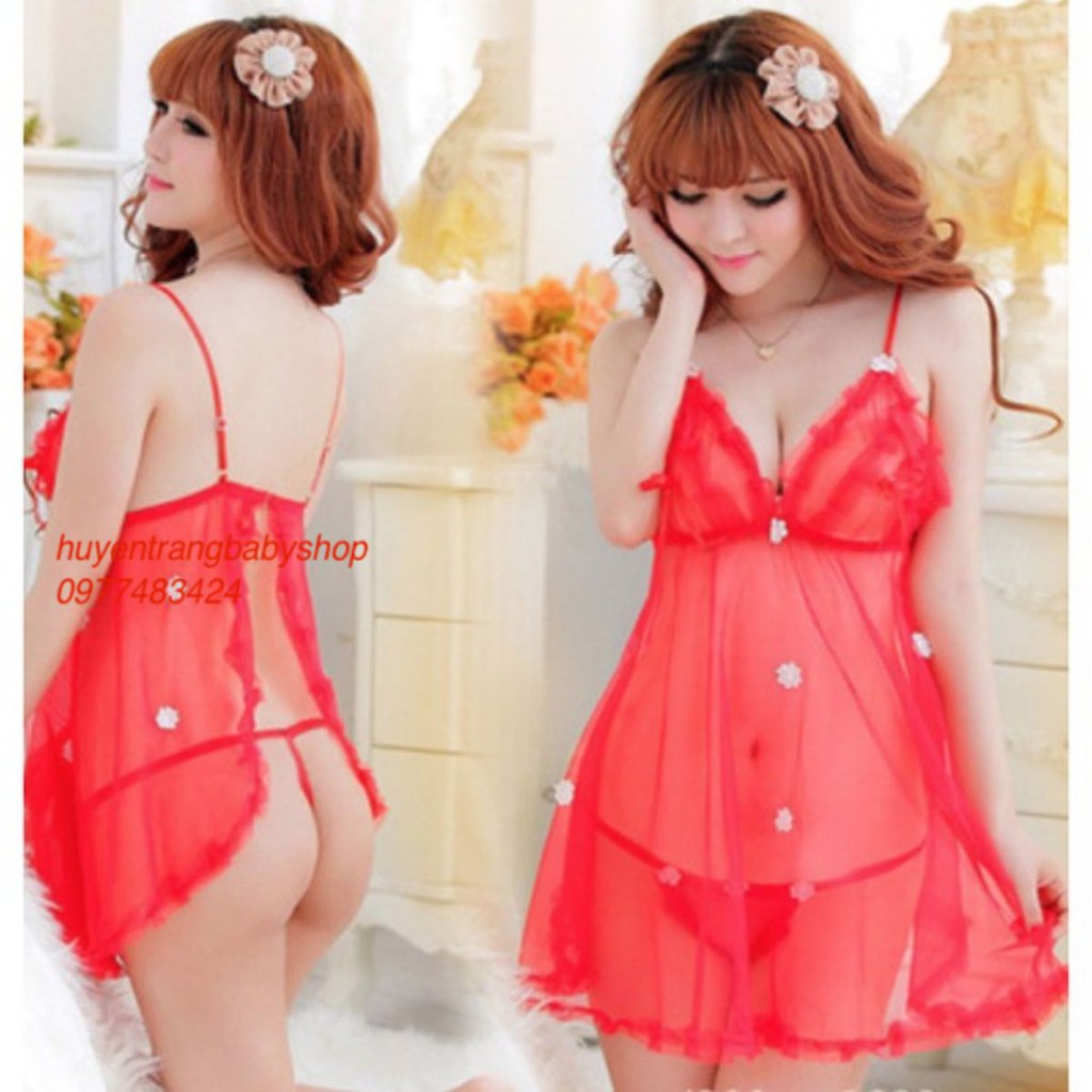 Váy ngủ sexy đính hoa giá rẻ có video (kèm chip) &lt;55kg VN88