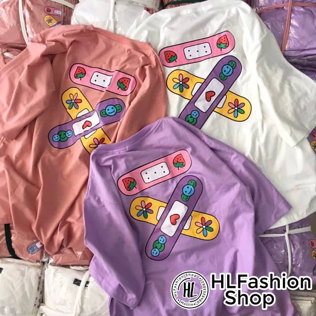 Áo thun tay lỡ form rộng hình băng cá nhân siêu dễ thương đáng yêu, áo phông in HLFashion | BigBuy360 - bigbuy360.vn