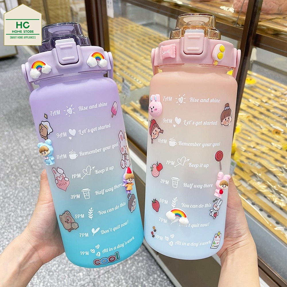 Bình nước 2 lít HCHOME nhắc nhở uống nước, bình đựng nước cho bé cute có ống hút, vạch chia giờ