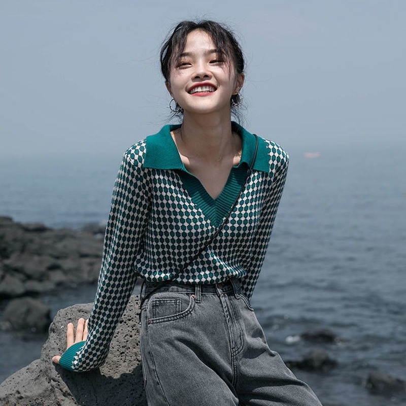 Áo Dệt Kim Nữ Dài Tay Cổ Bẻ Thời Trang Châu Âu 2021