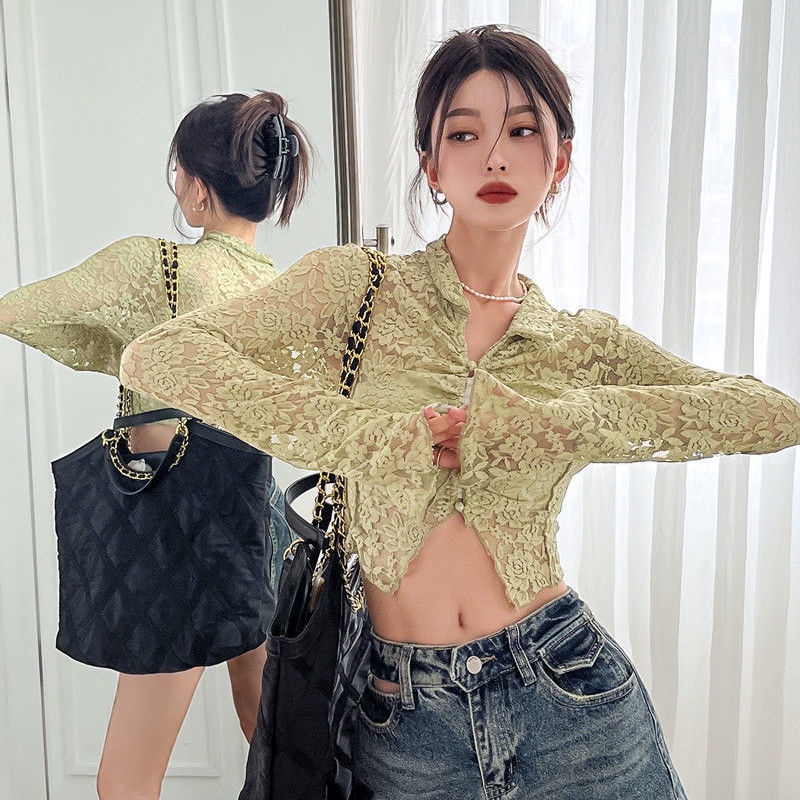 COZOK Áo sơ mi kiểu COZOK tay dài phối ren hoa thời trang xinh xắn dành cho nữ