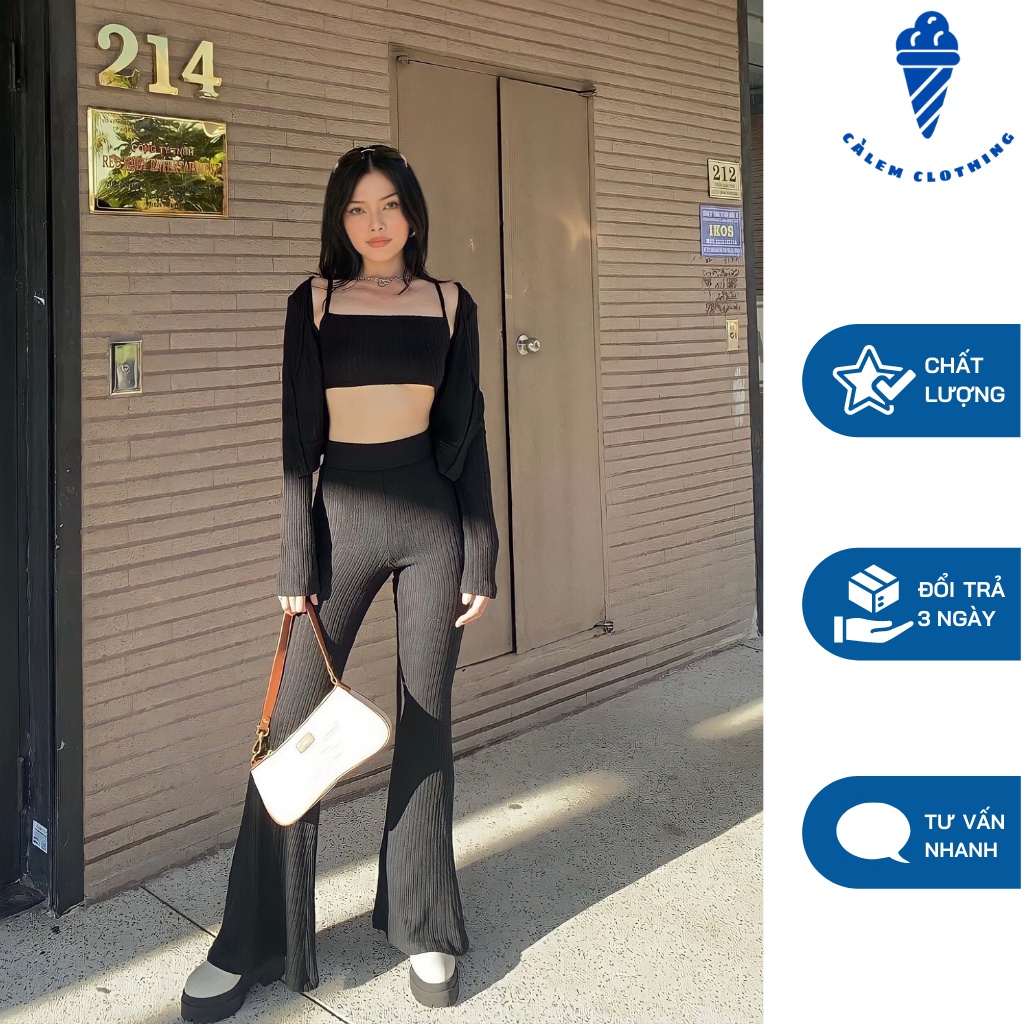 Set áo croptop 2 dây kèm quần ống loe mix áo khoác
