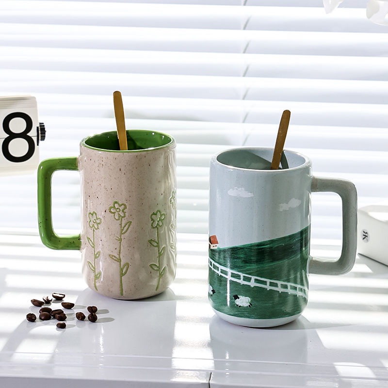 Cốc Uống Nước Bằng Sứ Cao Cấp Kèm Muỗng Phong Cách Bắc Âu