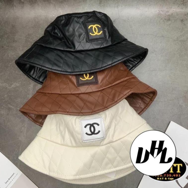 Mũ Bucket Da Thêu Logo Vuông CC form cụp Thời Trang Nam Nữ Unisex