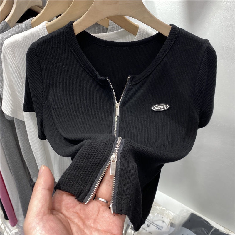 COZOK Áo Thun Ngắn Tay Lưng Cao Dáng Ôm Phối Khóa Kéo Đôi Cá Tính