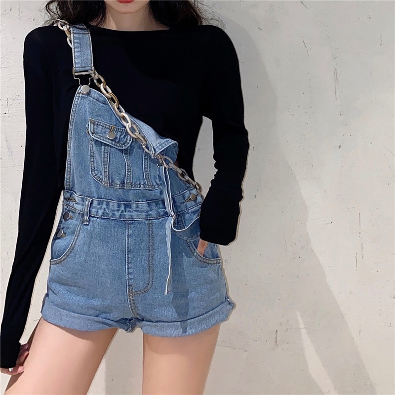 Set Áo Thun Tay Dài + Quần Yếm Denim Thiết Kế Mới Thời Trang Mùa Hè Dành Cho Nữ