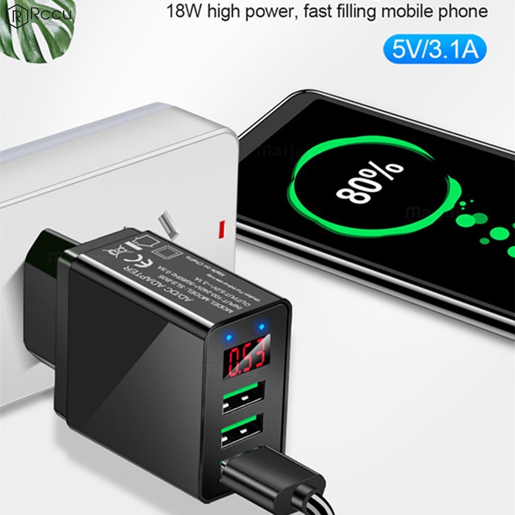 5 V / 3.1 A (max.) 3-Port USB Phone Charger LED Display Wall Fast Charging Adapter EU/US Plug Ⓡ