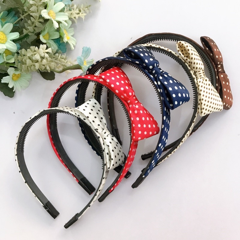 Băng Đô Nơ Vải Satin Chấm Bi Bờm Tóc Nơ Vải Satin Sang Chảnh