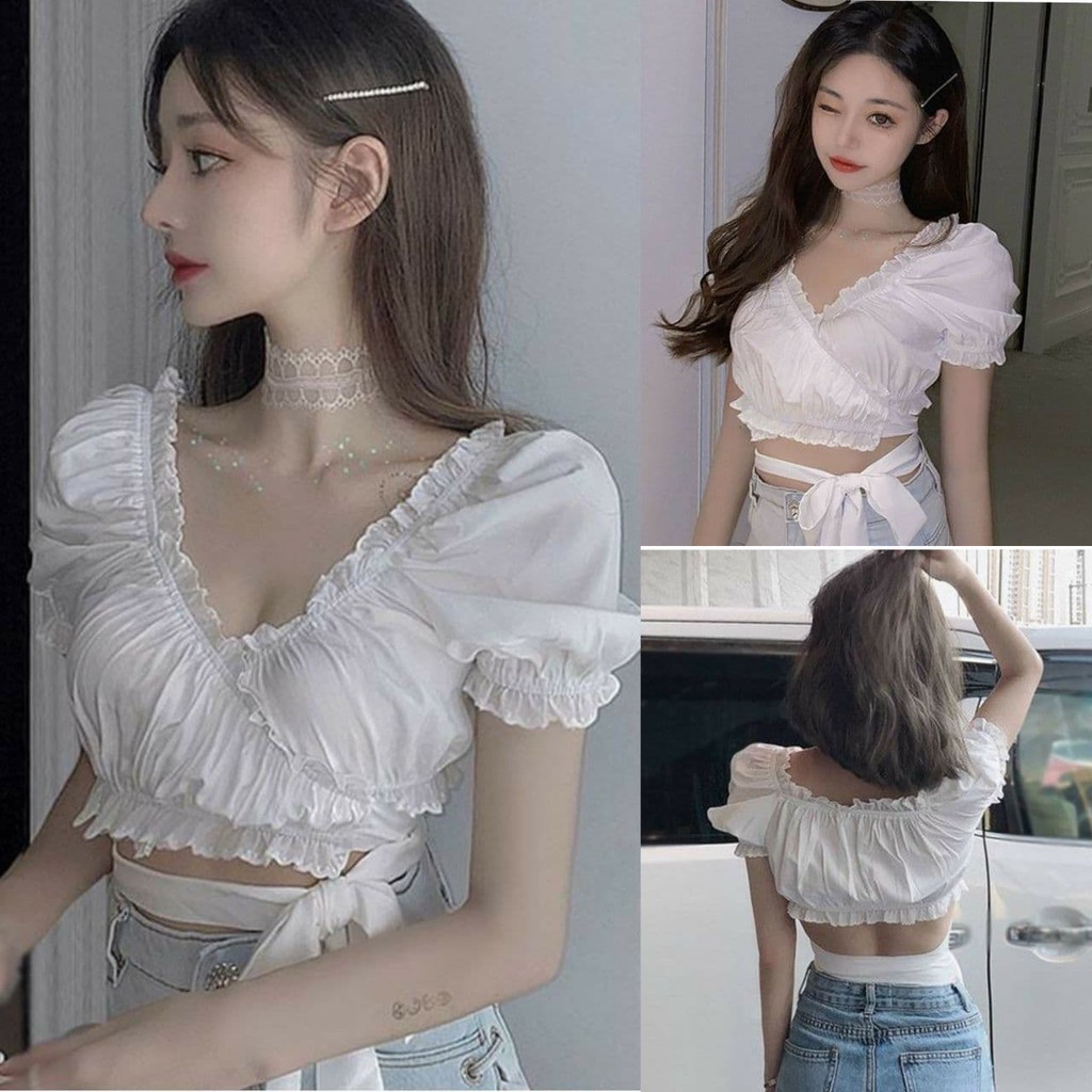 Áo kiểu phối cổ vuông tay dài bo nhúng quyến rũ cá tính  ÁO TRẮNG ĐEN 3 NÚT