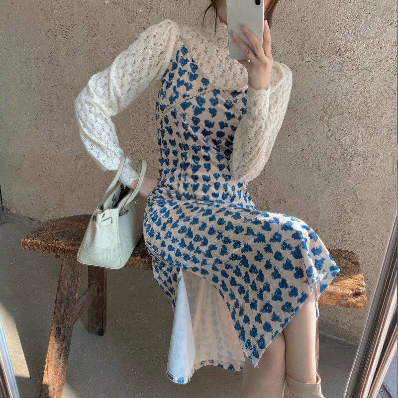 Đầm Nhung Midi Hai Dây In Hoa Eo Cao Thời Trang Mùa Đông Hàng Mới Dành Cho Bạn Nữ