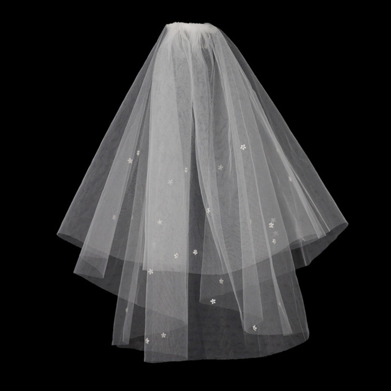 Mạng Che Mặt Cho Cô Dâu Với Cạnh Cắt Ngắn Vải Tuyn Và Hoa Nhựa Mini 2 Lớp