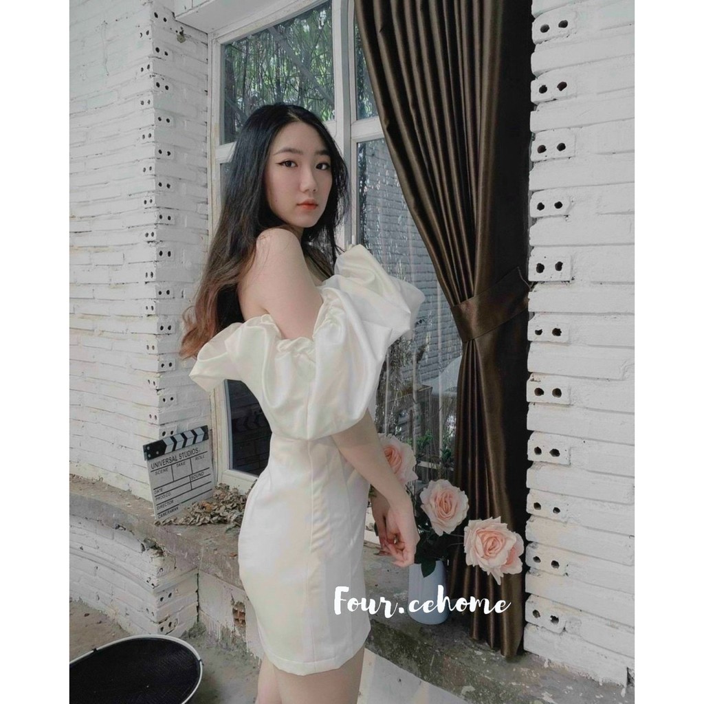 Đầm trễ vai bồng ngực 2 màu trắng, đen
