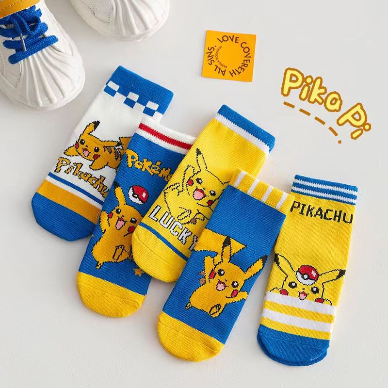 Set 5 Đôi Tất Cotton Ngắn Mềm Mại In Họa Tiết Hoạt Hình Pokemon Dễ Thương Cho Bé