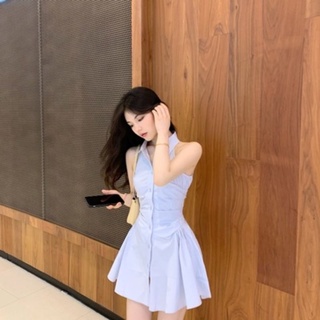 Váy sơ mi nữ xếp eo xanh nhạt