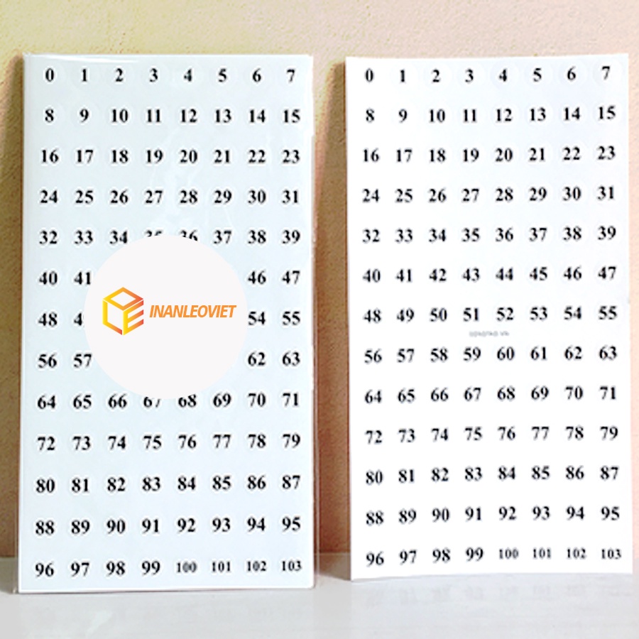 Nhãn Decal giấy In sẵn số thứ tự từ 0-99 kích thước 1.1cm chỉ cần gỡ và dán size áo, giày, dép 1 tờ 104 nhãn