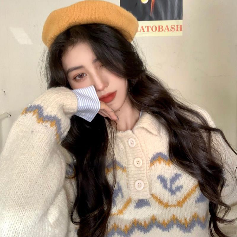 Áo thun Polo dệt kim màu sắc Retro thời trang thu đông Hàn Quốc mới cho nữ