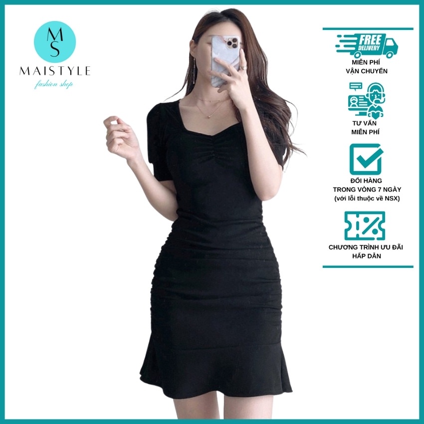 Váy MAISTYLE Đầm ôm body sexy dự tiệc cổ vuông công sở đen tay phồng thiết kế sang chảnh nhún eo cá tính thun MY1101 | BigBuy360 - bigbuy360.vn
