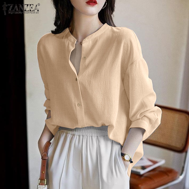 ZANZEA Áo Thun Tay Dài Cổ Tròn Màu Trơn Cài Nút Đơn Giản Thời Trang Đường Phố Cho Nữ