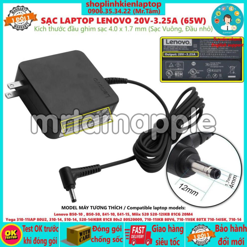 (ADAPTER) SẠC LAPTOP LENOVO 20V 3.25A (65W) (Vuông, Đầu nhỏ)  kích thước đầu ghim sạc 4.0 x 1.7 mm