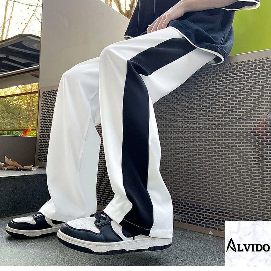 Quần Ống Rộng ALVIDO Quần Thun Nam Unisex Phối Sọc Mang Phong Cách Đường Phố  Hàn Quốc Chất Vải Umi thoáng mát QD312