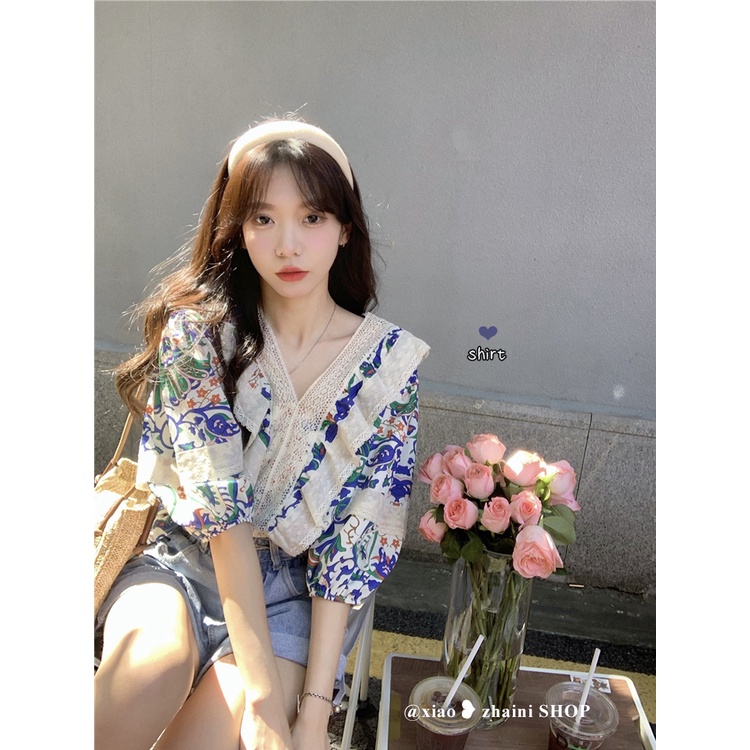 Áo Sơ Mi Tay Lỡ 3 / 4 In Hoa Phong Cách Hàn Quốc Cho Nữ