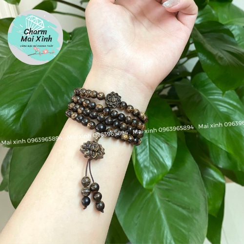 Chuỗi Trầm Hương Sánh chìm 108 hạt phối charm Hoa Sen và Búp Sen Sánh - Vòng Tay Gỗ tự nhiên Nữ phong thuỷ