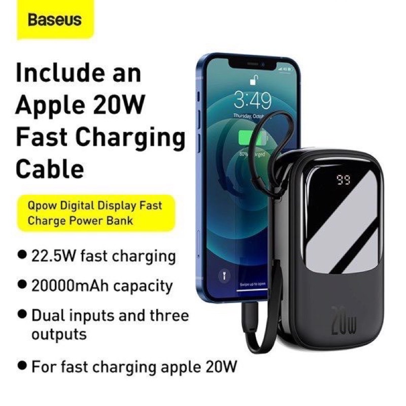 Pin sạc dự phòng tích hợp cáp sạc 20.000mAh 20W Baseus Q Pow Digital Display Quick Charging Power Bank