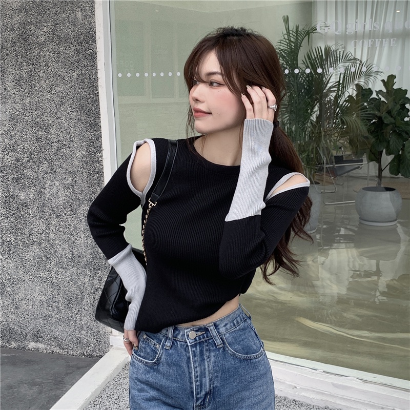 QADCOL Áo thun tay dài thiết kế khoét quyến rũ thích hợp cho phái nữ