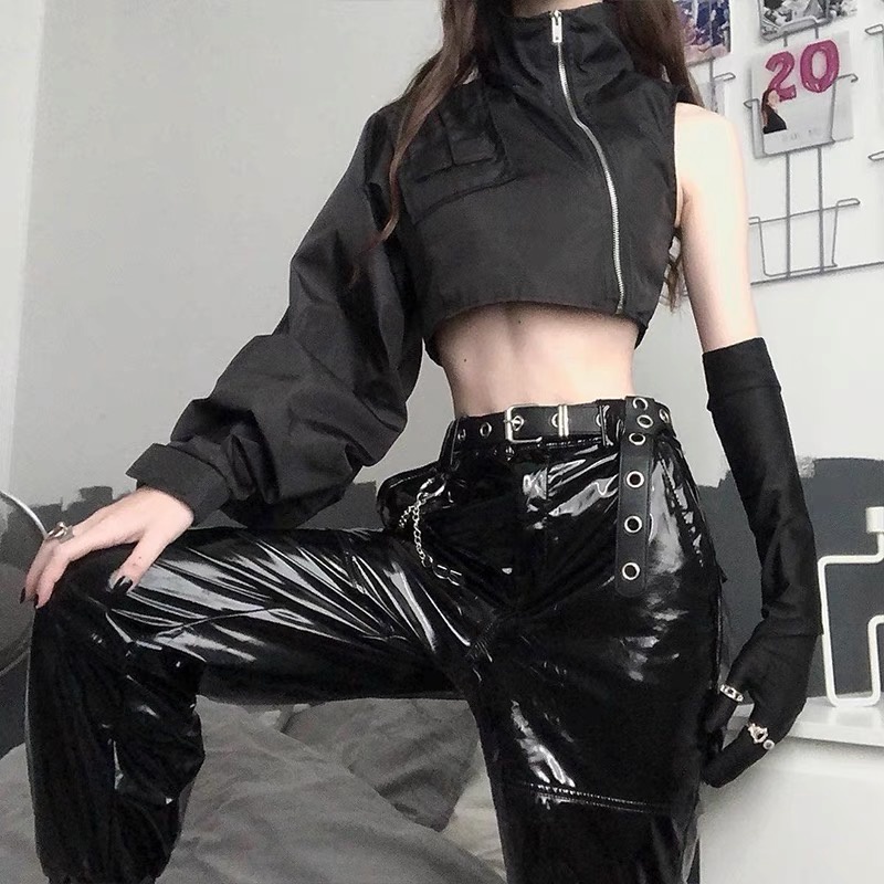 Áo croptop cổ cao dây kéo xéo tay dài 1 bên đen cá tính thời thượng