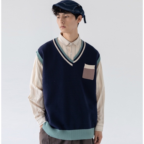 Áo Sweater Dệt Kim Sát Nách Phối Màu Sắc Tương Phản Kiểu Retro Nhật Bản Thời Trang Thu Đông Cho Nam Và Nữ 2022