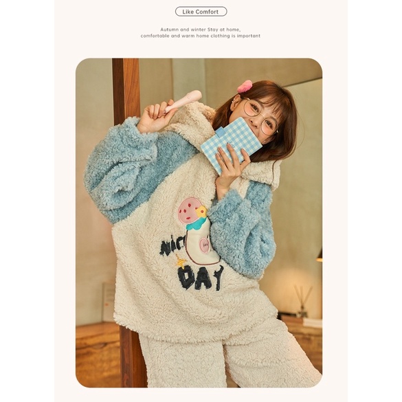 Bộ ngủ lông gấu thêu hình hộ nghĩnh,bộ lông hoodie áo phối màu quần jogger lông 2 mặt mượt mà siêu ấm phong cách hànquốc