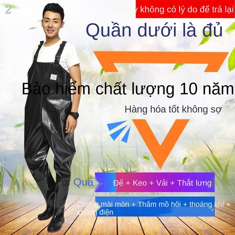 ✿№❁Màu đỏ thơ mưa dày nửa chiều dài quần nước câu cá đi nam một mảnh toàn thân áo chống thấm ngã ba giày mài mòn