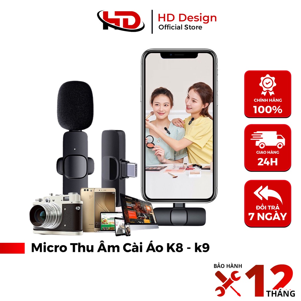 Micro Thu âm Không Dây Cài Áo K9 - Lọc Âm Tốt - Khoảng Cách 20m - Sử Dụng Cho Cả Android Và Ios - Chính Hãng HD DESIGN