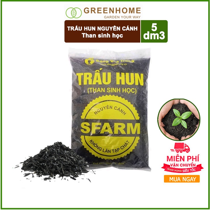 [FREESHIP 70K] Giá Thể Trấu Hun nguyên cánh SFARM - Túi 5dm3-Không lẫn tạp chất. Thuỷ canh, rau mầm, ươm cây con