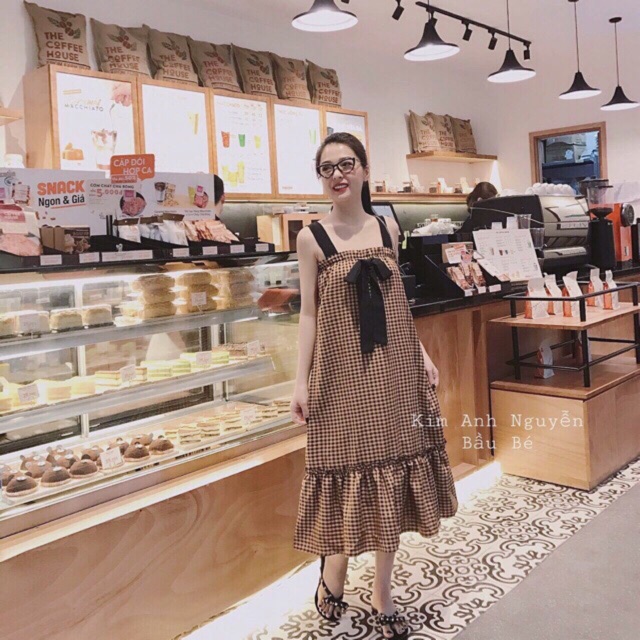 Đầm suông 2 dây bản sọc caro