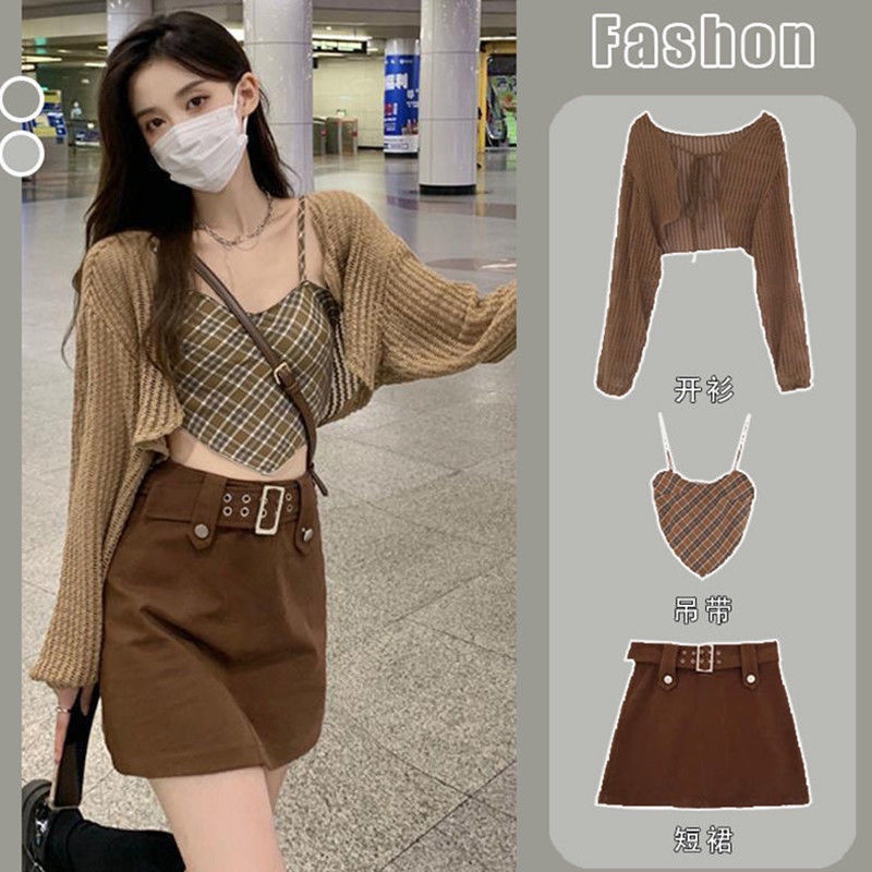 Set Áo Sơ Mi Dệt Kim + Áo Yếm Kẻ Sọc + Chân Váy Lưng Cao Thời Trang Mùa Thu Phong Cách Mới Năm 2021 Cho Nữ