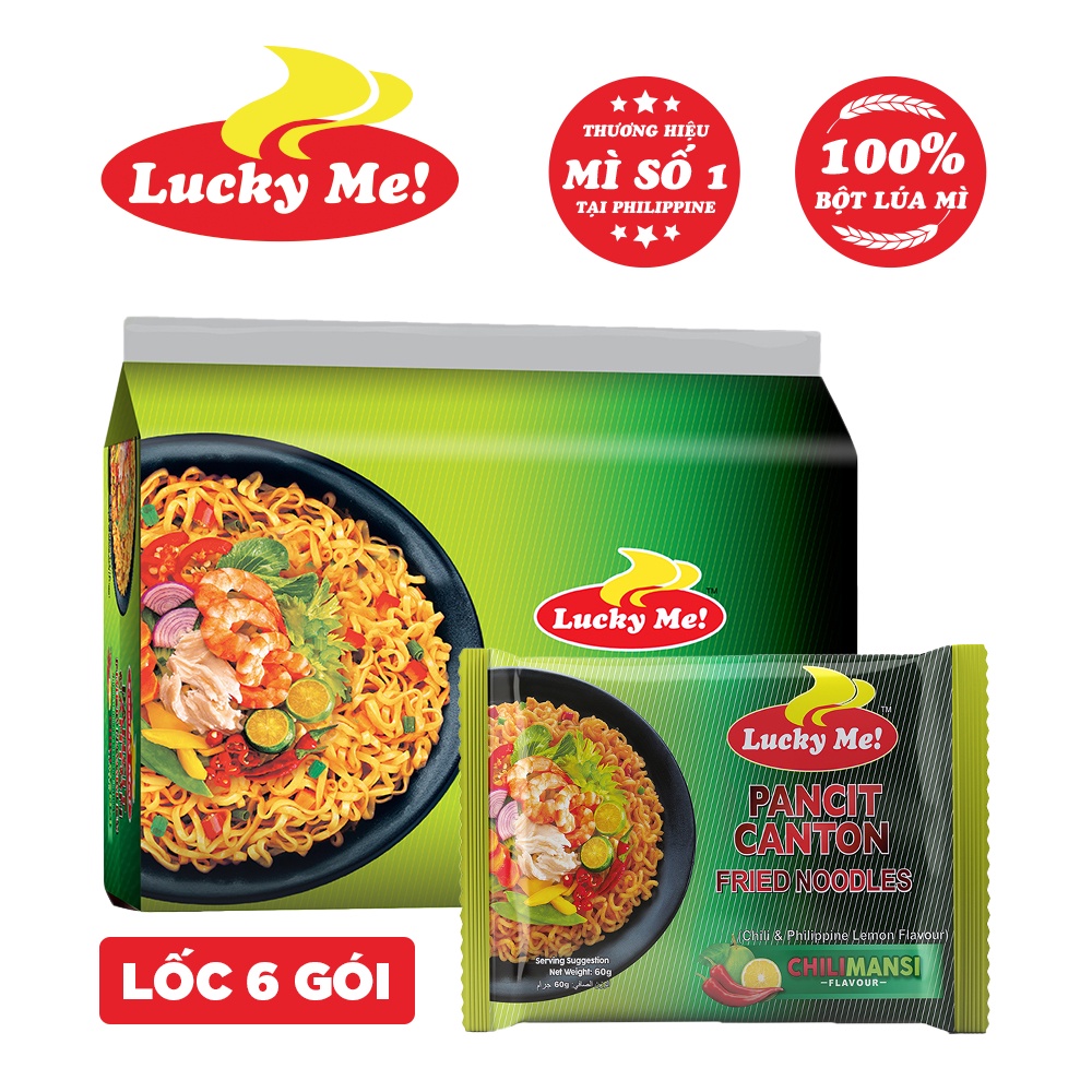 [Mã FMCGMALL -8% đơn 250K] Lốc 6 gói mì xào Pancit Canton hương vị chua cay Chilimansi Lucky Me 60g