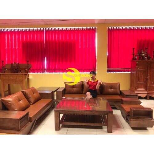 Bộ bàn ghế sofa góc nệm da chân vát nghệ thuật màu óc chó 5 món