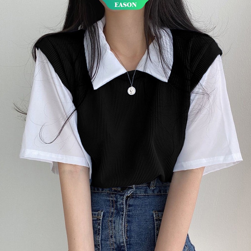 Áo Thun Tay Ngắn Cổ Polo Giả Hai Lớp In Hình Anime Dễ Phối Đồ Dành Cho Nữ
