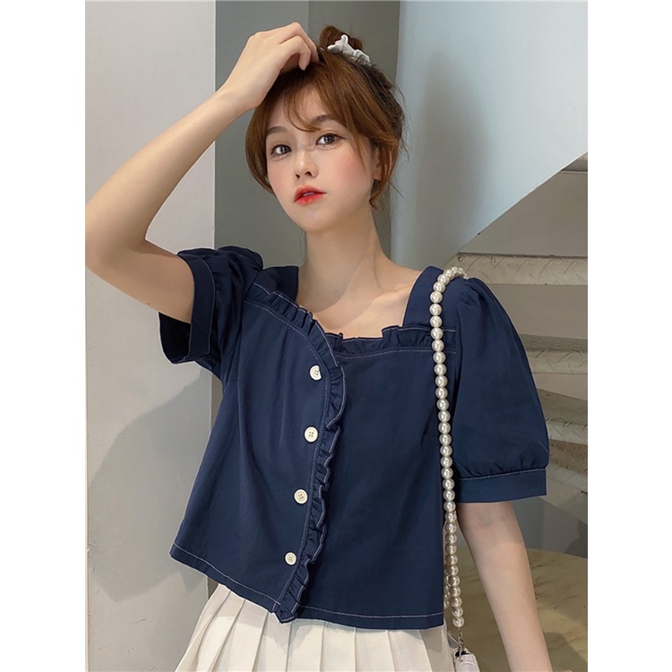 Áo Thun Tay Ngắn Phồng Cổ Vuông Màu Sắc Đơn Giản Phong Cách retro Cho Nữ