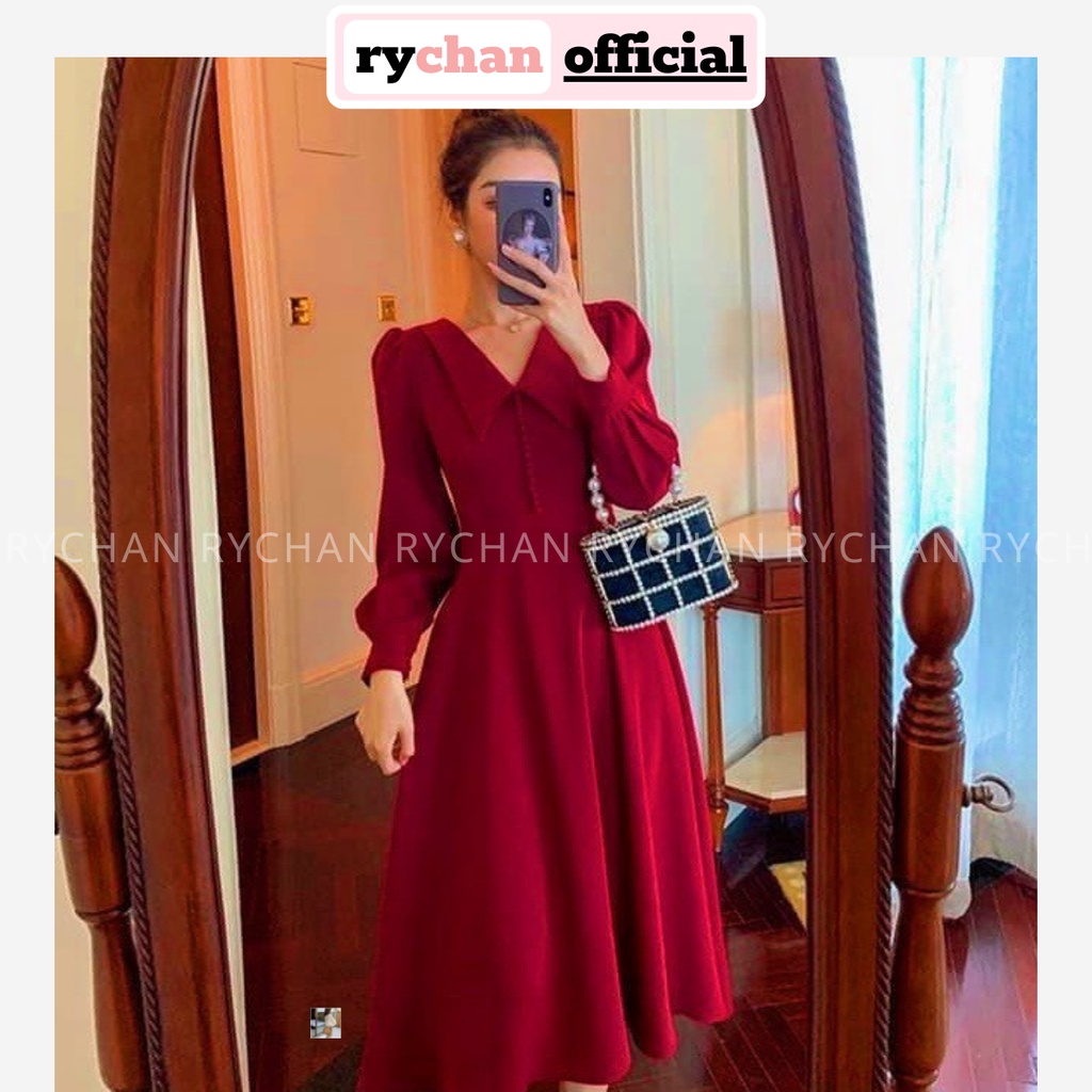 Đầm Xòe Midi Đỏ Cổ Thủy Thủ Nút Bọc Sang Trọng [Ảnh Thật Cuối] - DX0105