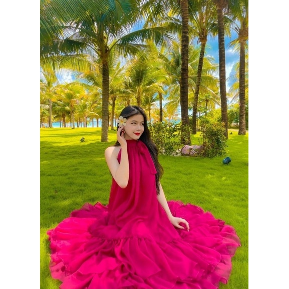 Đầm maxi voan hồng cổ yếm chân bèo tầng Đầm váy đi chơi dạo phố du lịch đi biển hotgirl thiết kế