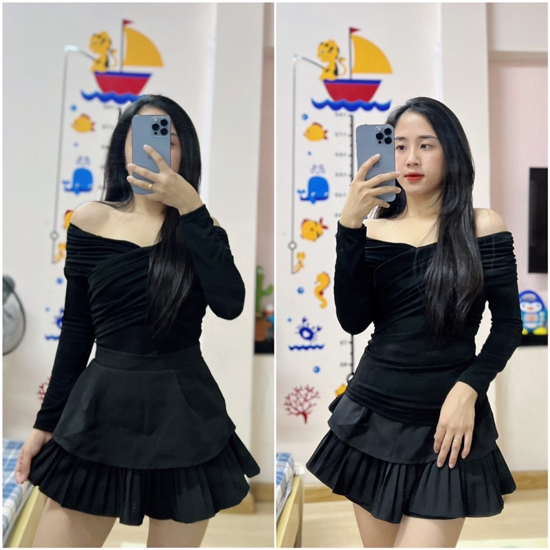 Áo trễ vai nhún tay dài