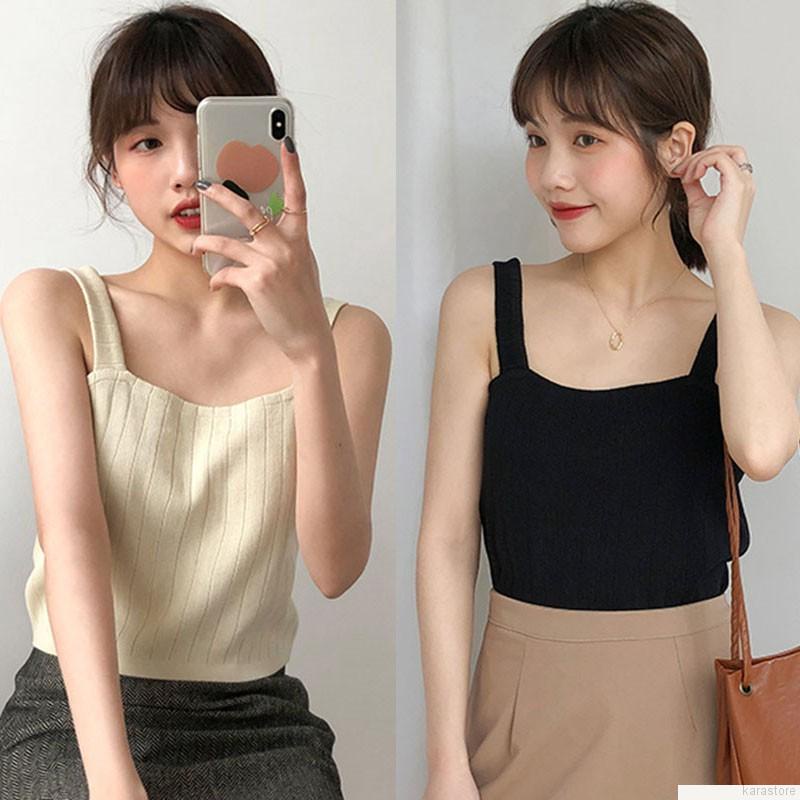 Áo dệt kim hai dây màu trơn phong cách Hàn Quốc gợi cảm dành cho nữ