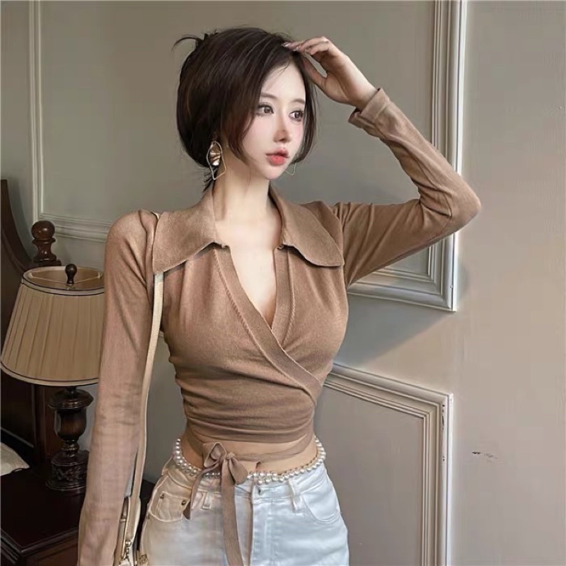 Áo len montogi dài tay cổ đức vạt chéo thắt nơ eo (56041#)