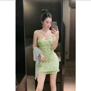 Đầm 2 dây ôm body xếp tầng dáng ngắn chất xốp nga