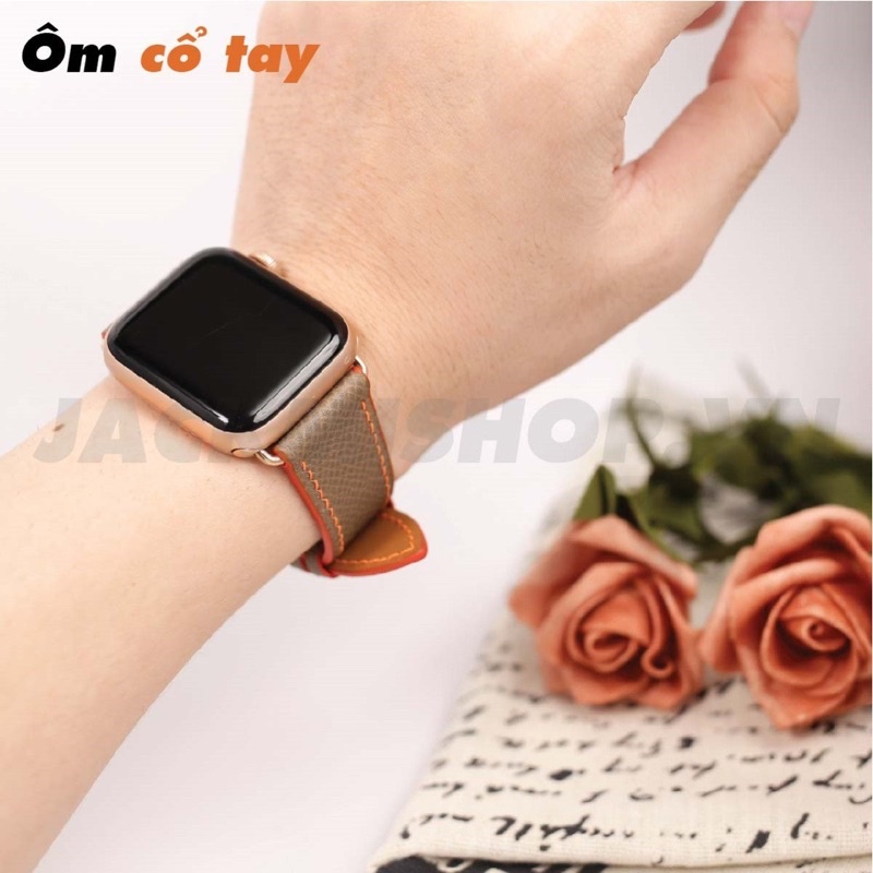 [BẢO HÀNH 1 NĂM] Dây Da EPSOM may tay thủ công màu Nâu tây chỉ Cam khóa Bướm cho Apple Watch series 1/2/3/4/5/6/7