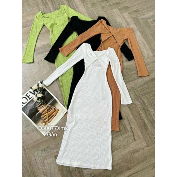 ĐẦM BODY TAY DÀI CỔ VUÔNG XOẮN LƯNG XẺ TÀ DÁNG DÀI MAXI THUN GÂN ÔM BODY ĐI TIỆC